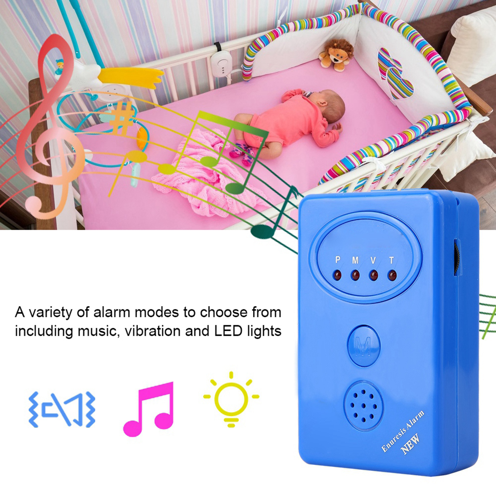 Ein blaues Alarmgerät mit Musik- und Vibrationsoptionen, neben einem Baby in einem Kinderbett. Noten werden angezeigt.