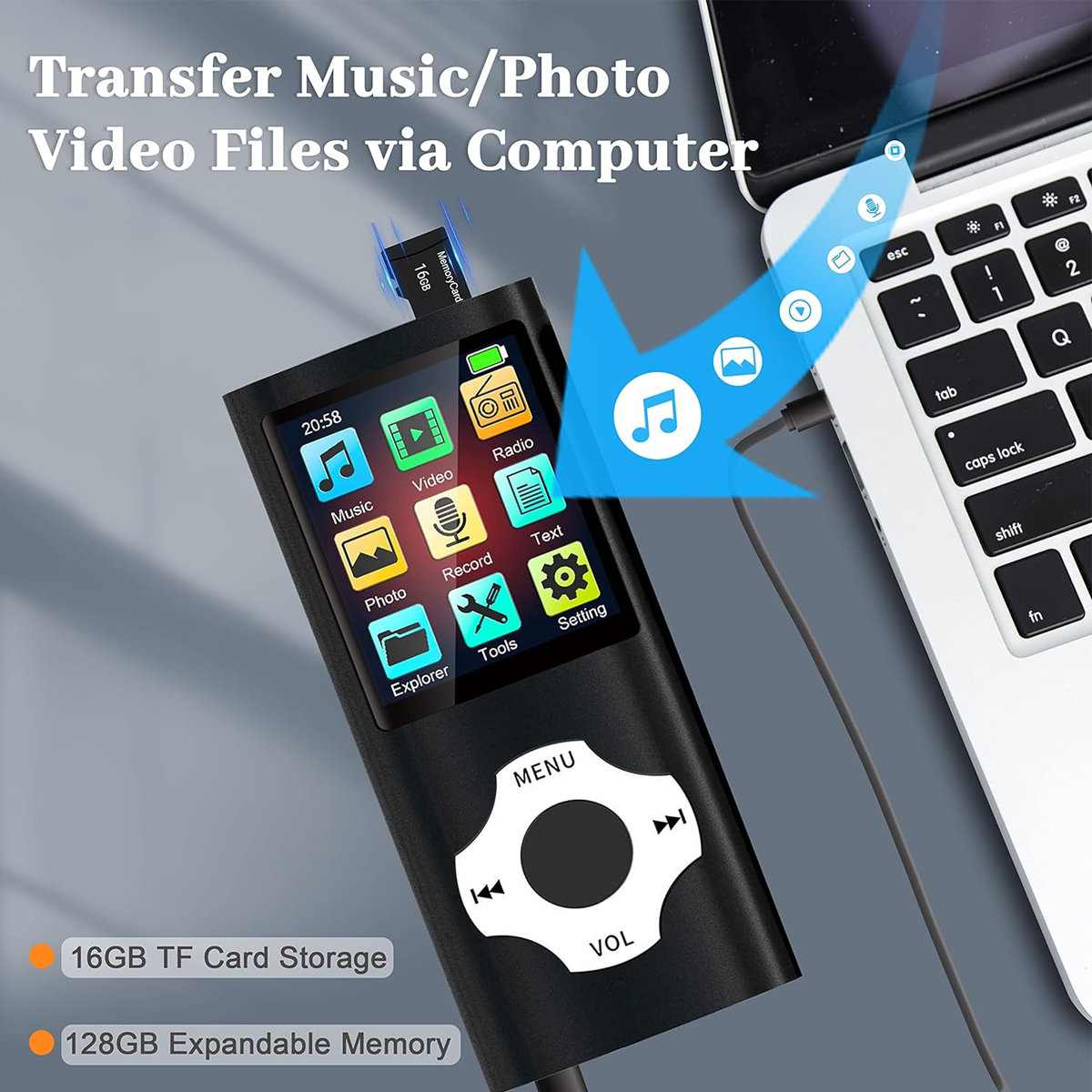 Schwarzer MP3-Player mit Bildschirm, TF-Karte und Laptop. Pfeil zeigt Dateiübertragung an.