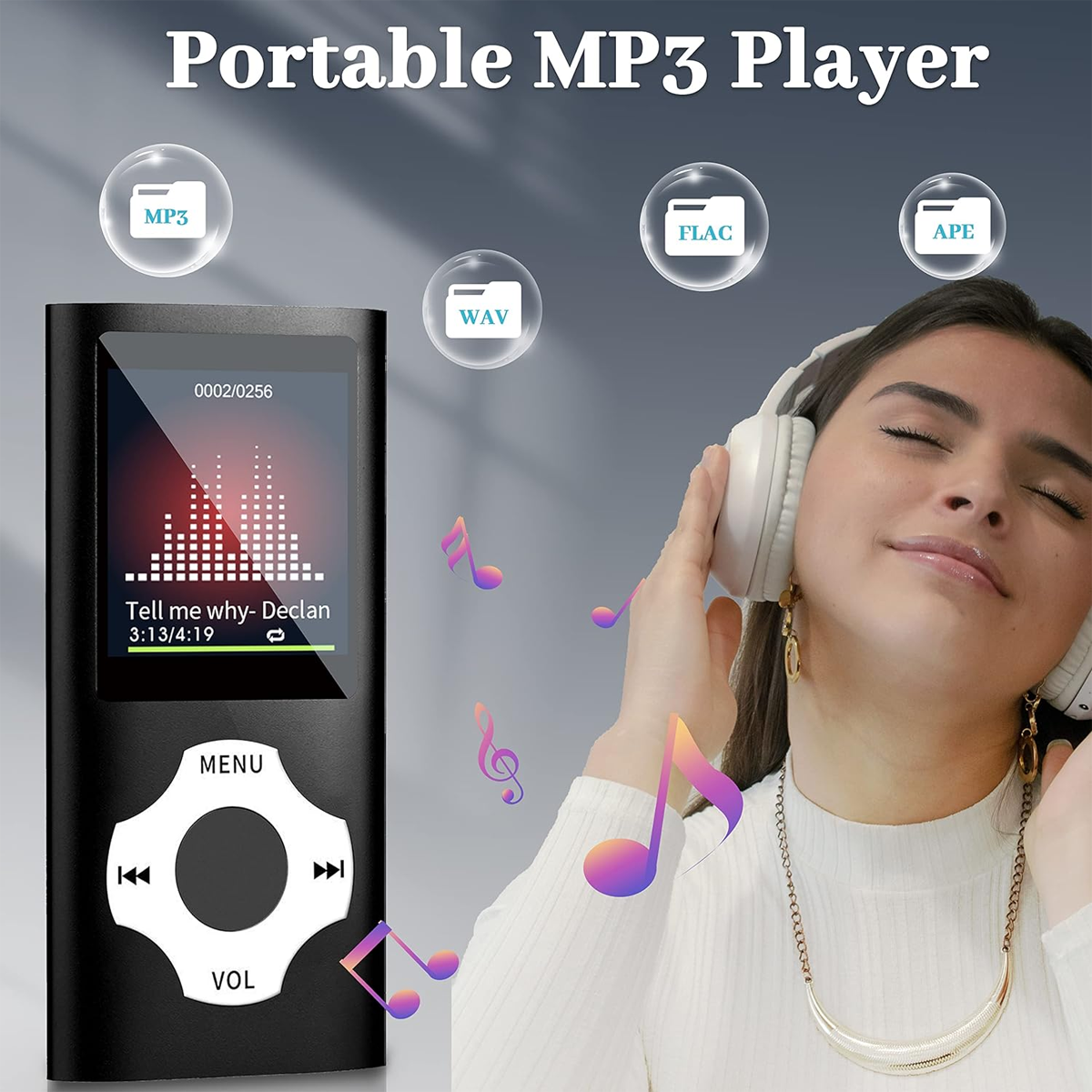 Ein tragbarer MP3-Player mit einem Bildschirm, der Musikinformationen anzeigt. Eine Frau trägt Kopfhörer. Symbole für Formate.