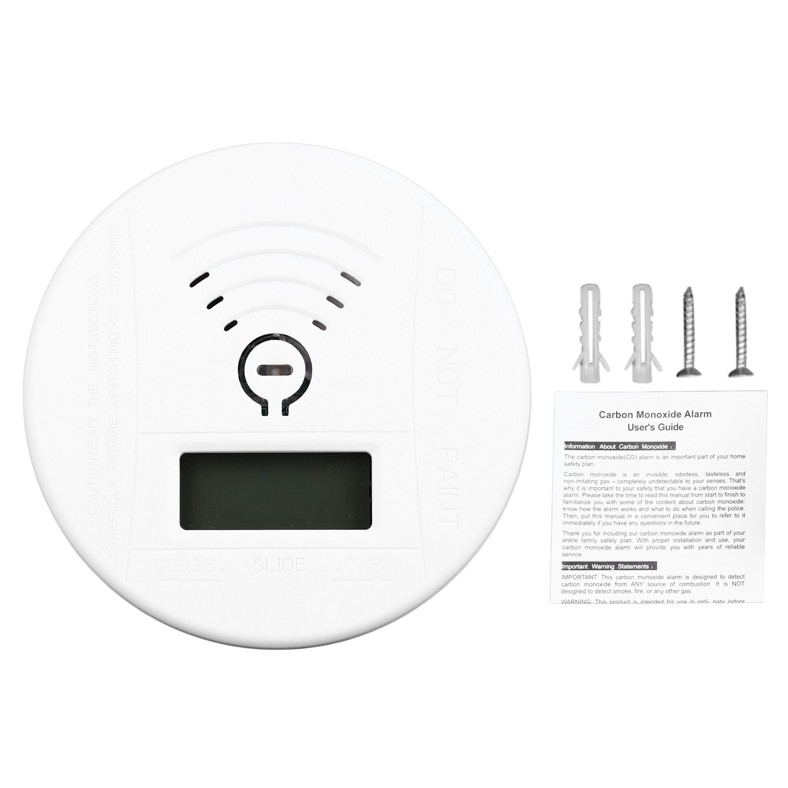 Weißer Kohlenmonoxid-Alarm mit Digitalanzeige und Schrauben.