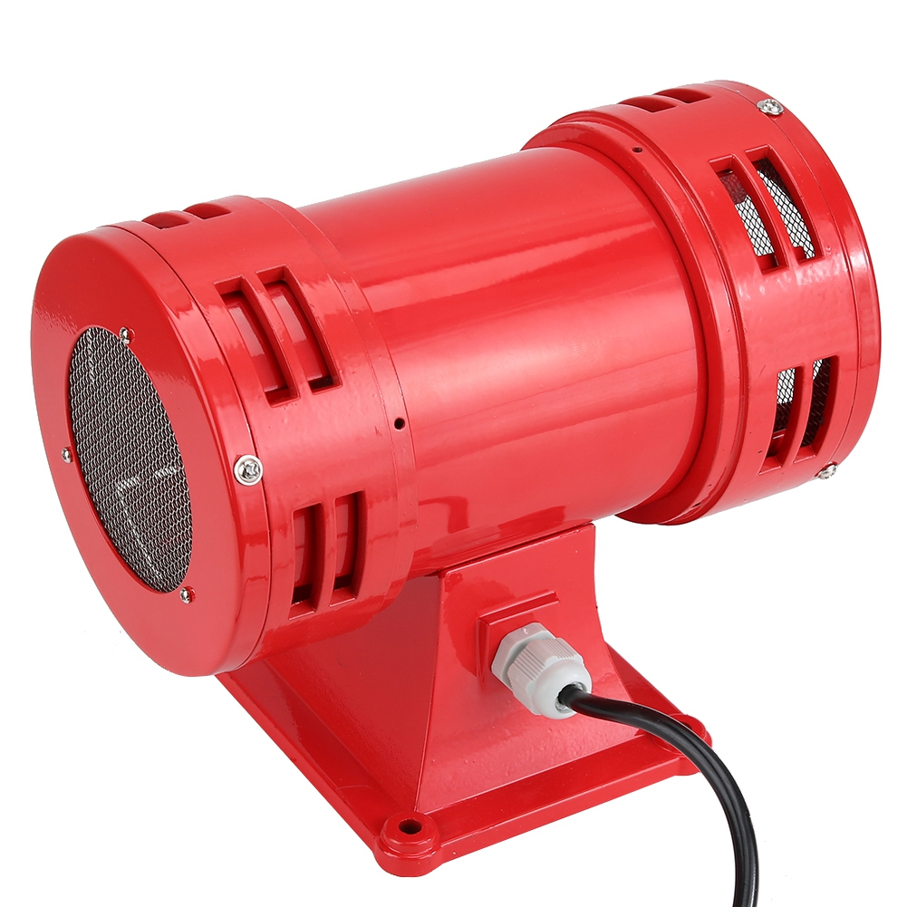 Eine rote Sirene mit einem Gitternetz und einem schwarzen Stromkabel.