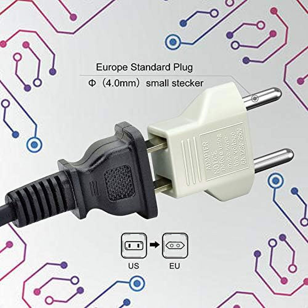 Schwarz-weißer Adapter. Konvertiert US-Stecker in EU-Stecker. Hintergrund zeigt Schaltkreise.