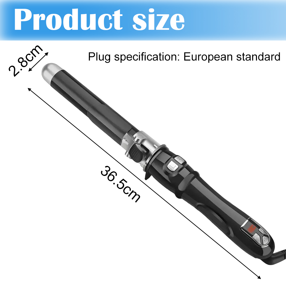 Ein schwarzes Lockenstab mit europäischem Standardstecker. Seine Größe beträgt 36,5 cm Länge und 2,8 cm Breite.