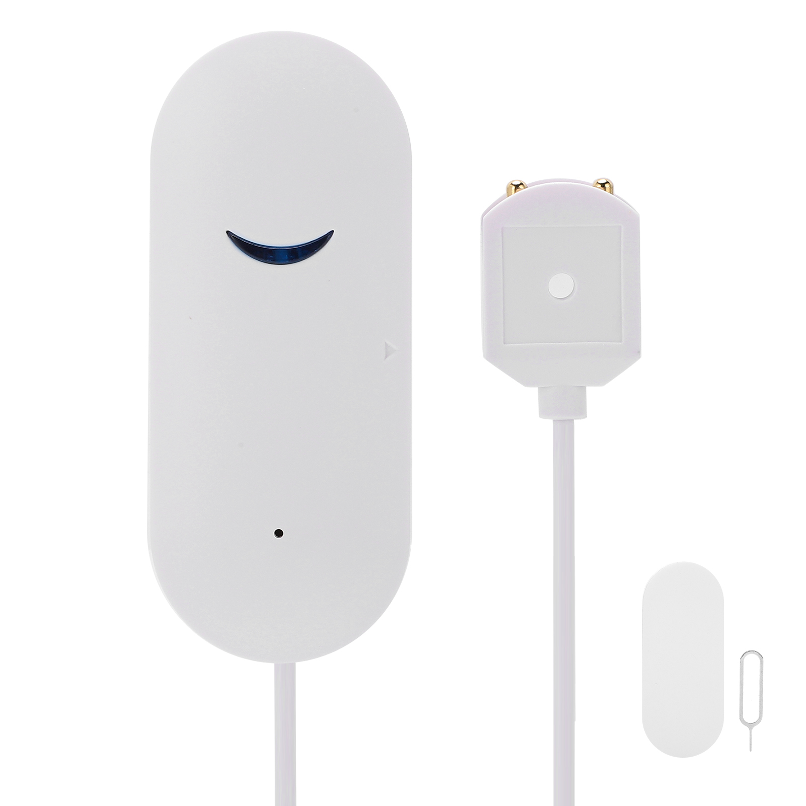 Ein weißer Tür-/Fenstersensor mit blauem Licht und einem kleinen Sensor.