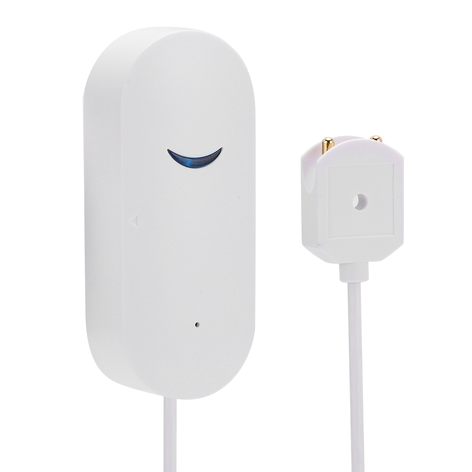 Weißes Gerät mit blauem Licht und Stecker. Ein kleines weißes Gerät. Weißer Hintergrund, einfaches Design.