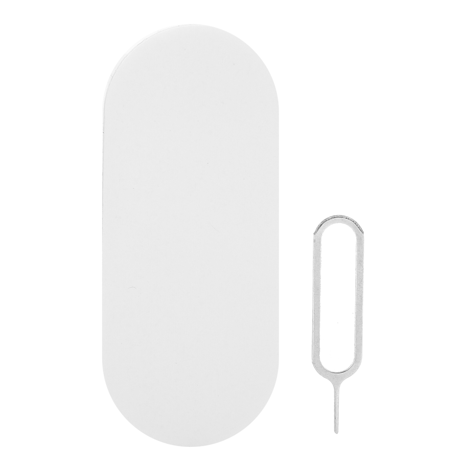Weißer SIM-Kartenhalter und Auswurfstift, freigestellt vor weißem Hintergrund.