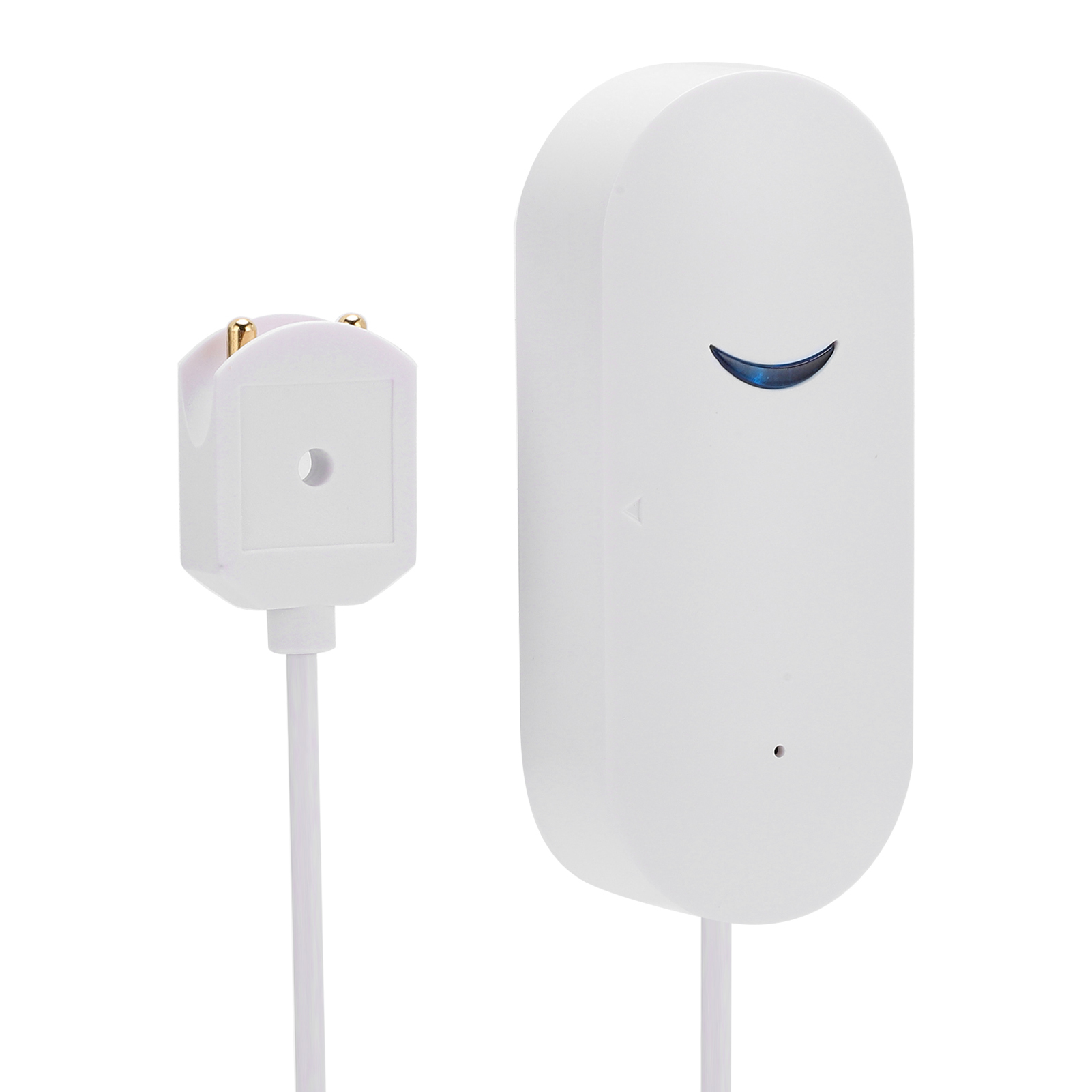 Weißes Gerät mit Stecker. Blaues Licht. Weißer Hintergrund. Ähnlich einem Smart Plug.