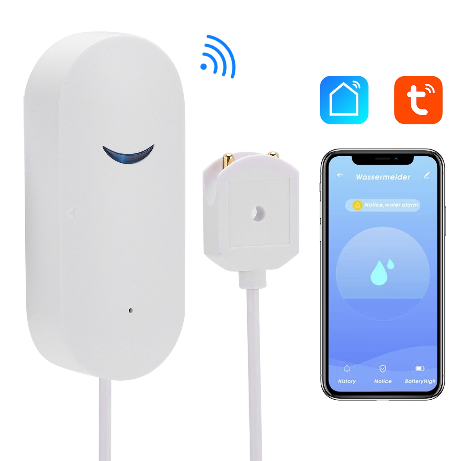Weißer Wassersensor mit Stecker und Telefon mit App-Oberfläche. Blaues WLAN-Symbol.