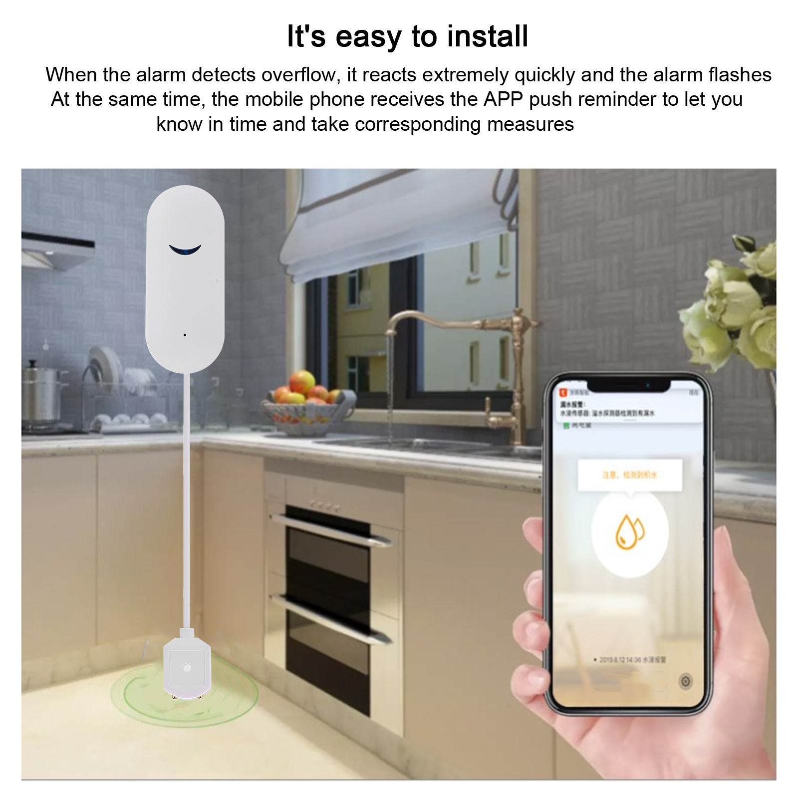 Ein Smart-Home-Gerät mit weißem Gehäuse und Ständer, und ein Telefon mit App-Oberfläche.
