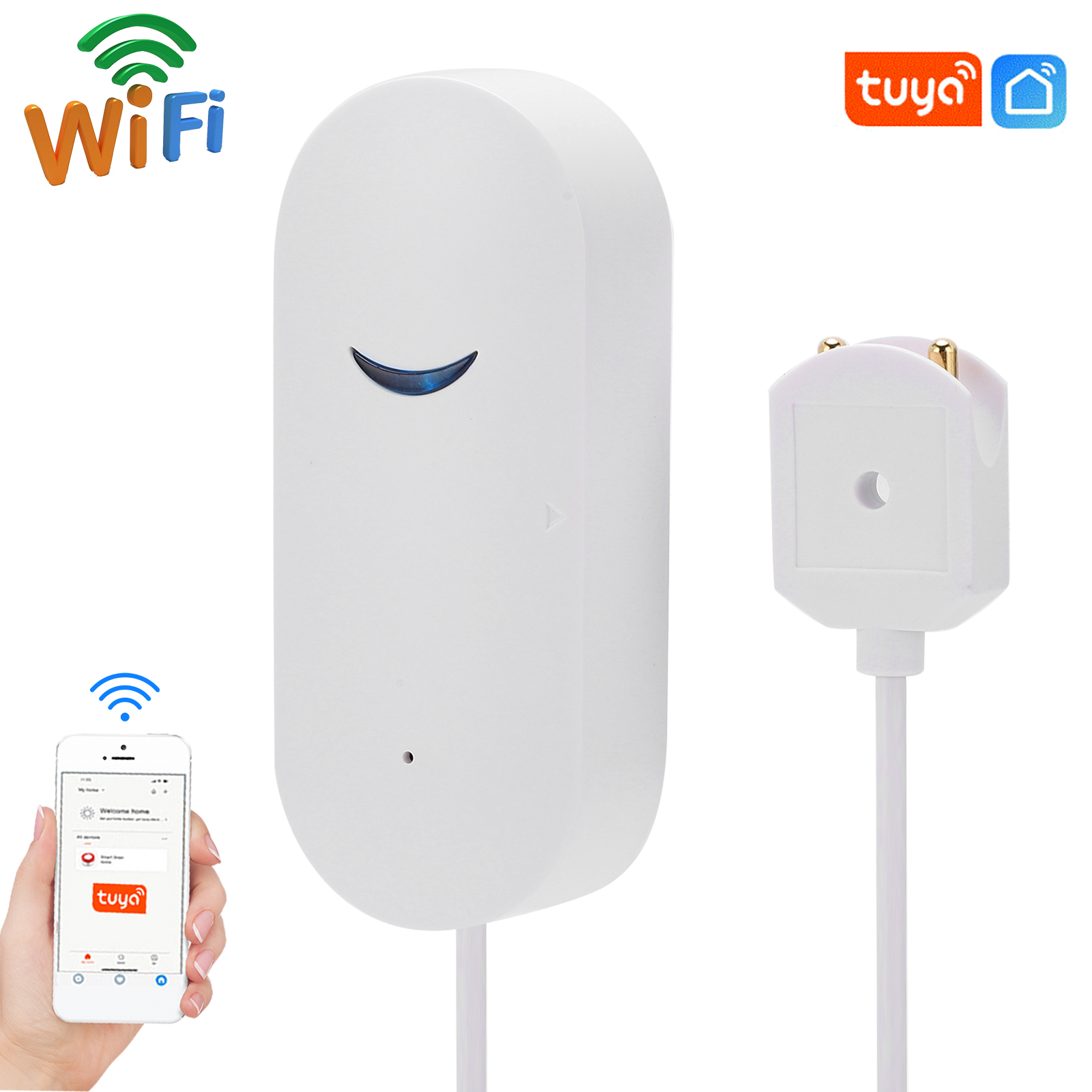 Weißes Gerät mit WiFi-Symbol und Tuya-Logo. Ein Telefon zeigt die Tuya-App. Rechts ein Stecker.