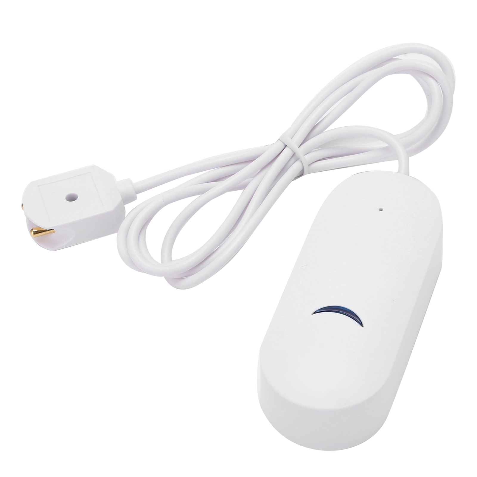 Weißes Smart-Home-Gerät mit weißem Stecker und Kabel. Eine blaue Kurve befindet sich auf dem Gerät.