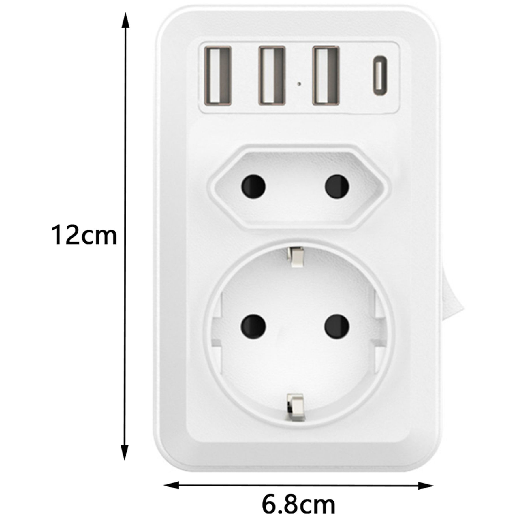 Ein weißer Netzadapter mit zwei Steckertypen und drei USB-Anschlüssen.