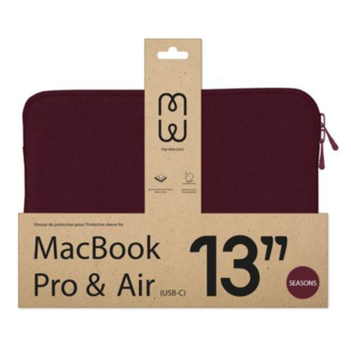 Burgunderfarbene Macbook Pro & Air 13" Hülle mit Papphülle und Anhänger.