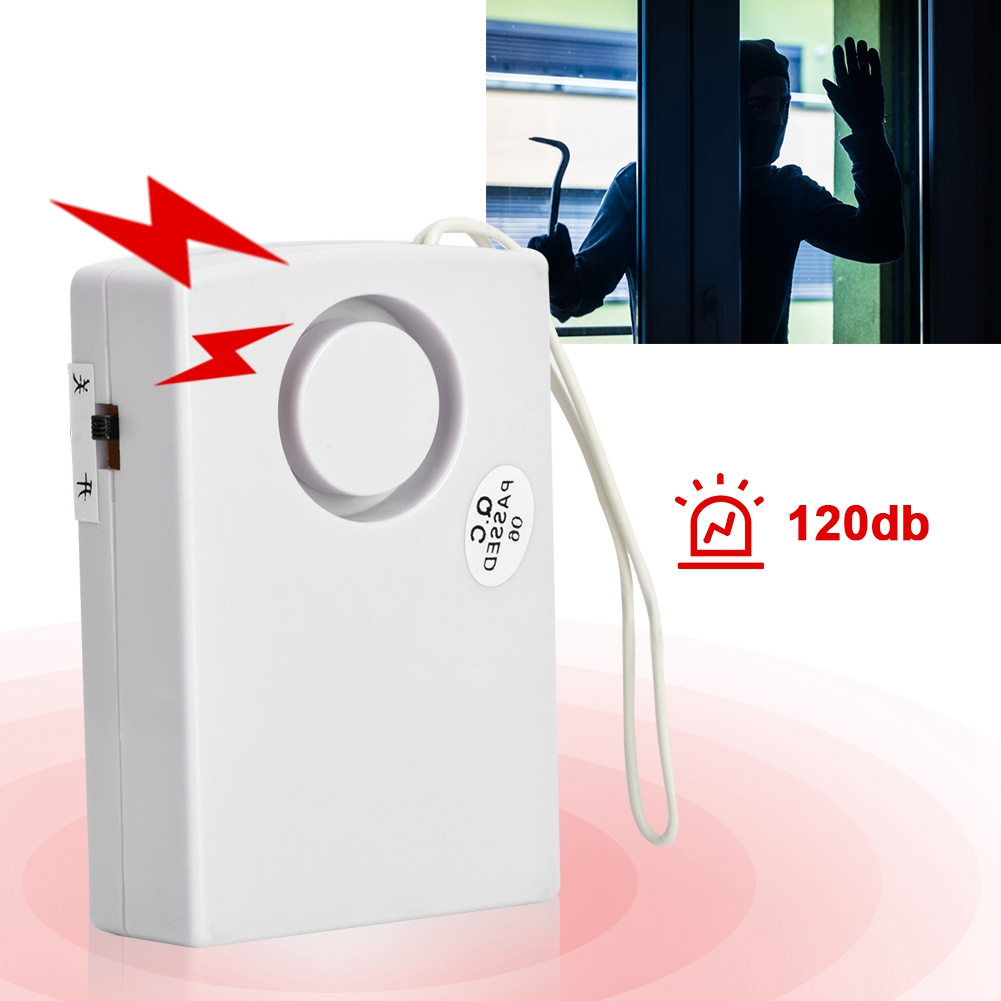 Weißes Alarmgerät mit Einbrechersilhouette und Sirenen-Symbol. Text zeigt 120dB. Ein Dieb bricht ein.