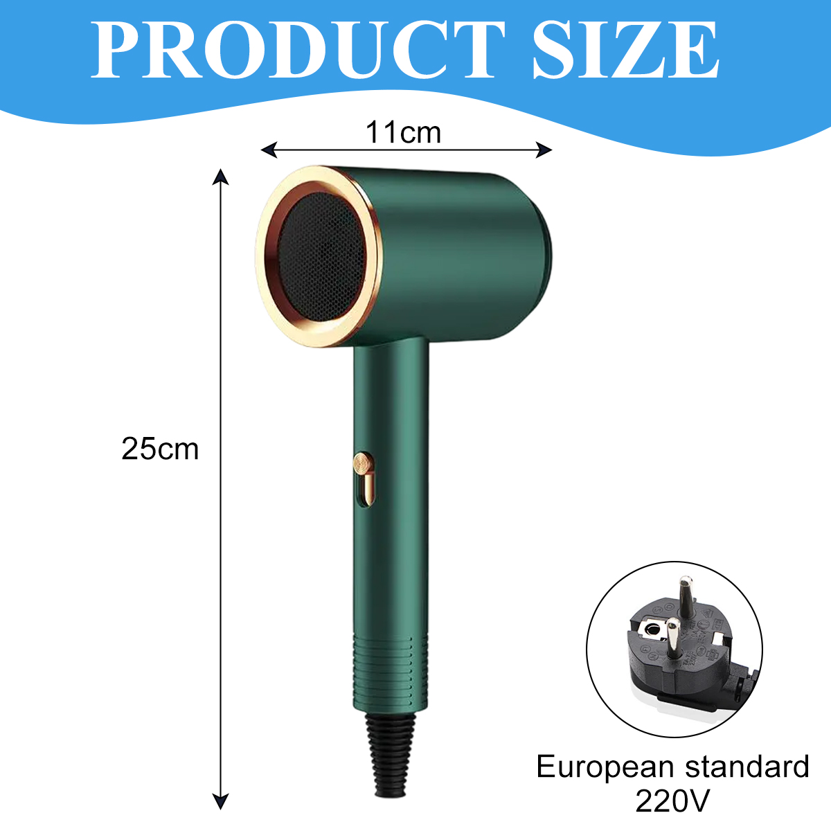 Ein grüner und goldener Haartrockner mit den Maßen: 25 cm und 11 cm. Ein europäischer Standardstecker 220 V wird gezeigt.