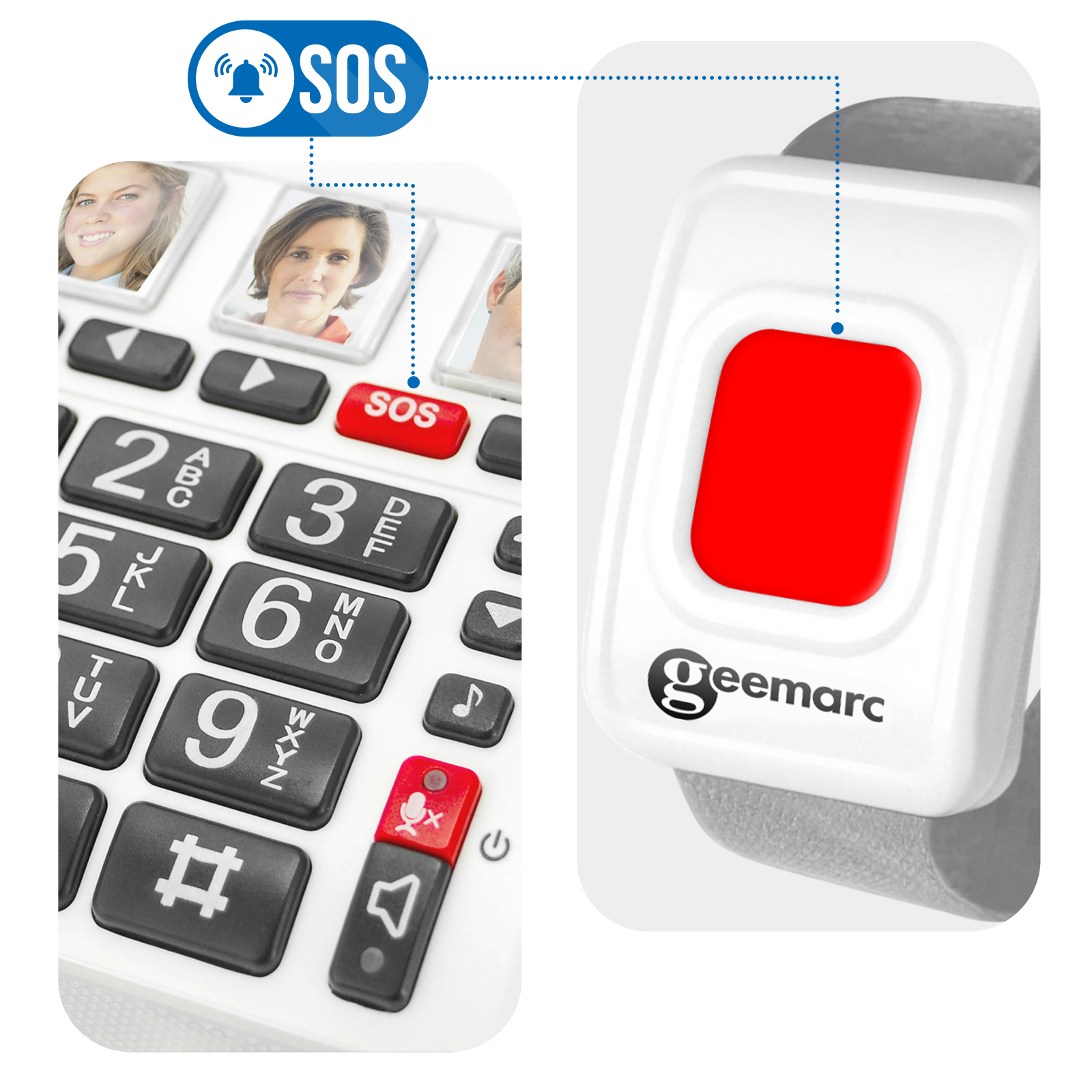 Weißes Telefon mit großen Tasten und einer SOS-Taste. Ein Armband mit SOS-Taste ist vorhanden.