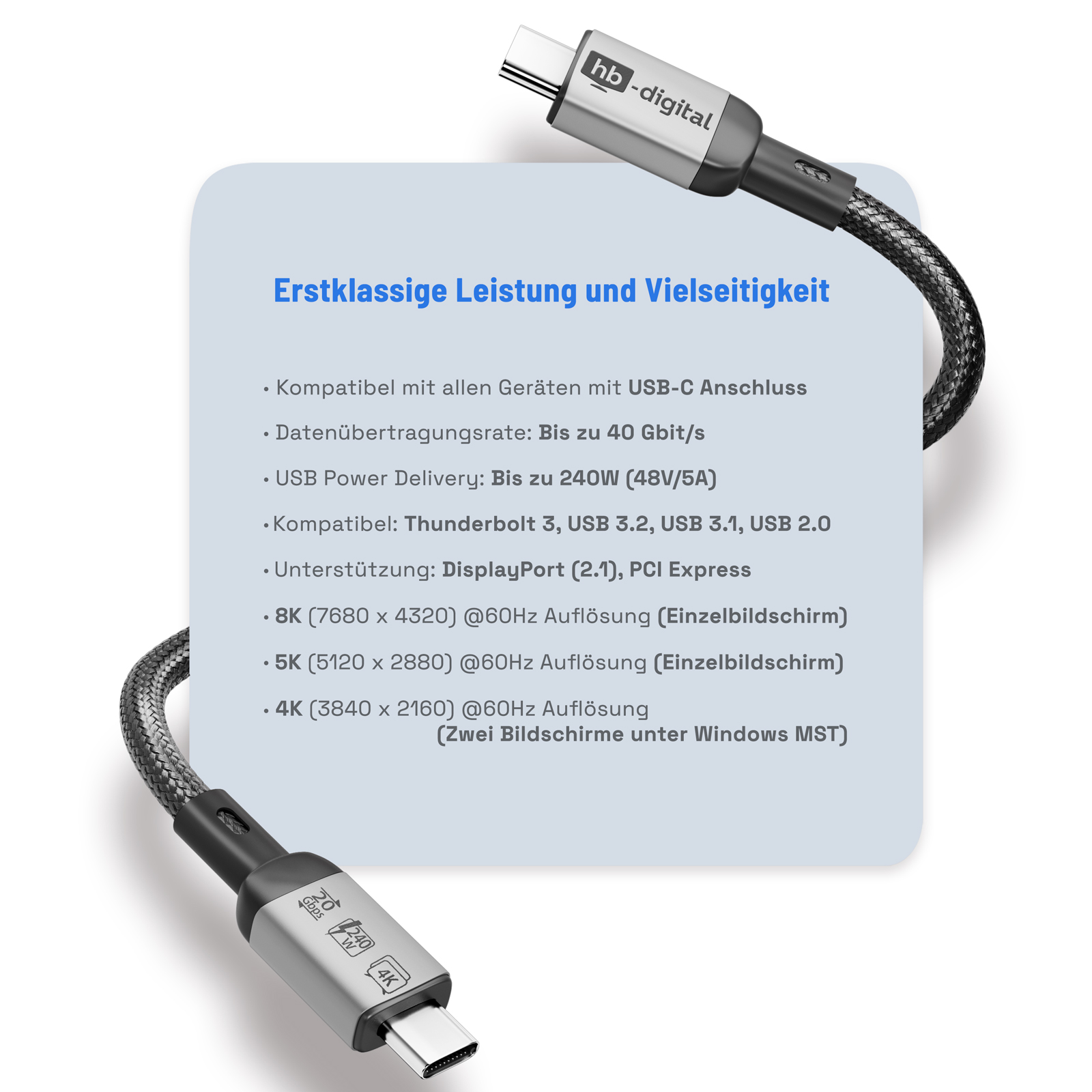 Ein silbernes und graues USB-C-Kabel mit Text über Datenübertragungsraten und USB-Stromversorgung.