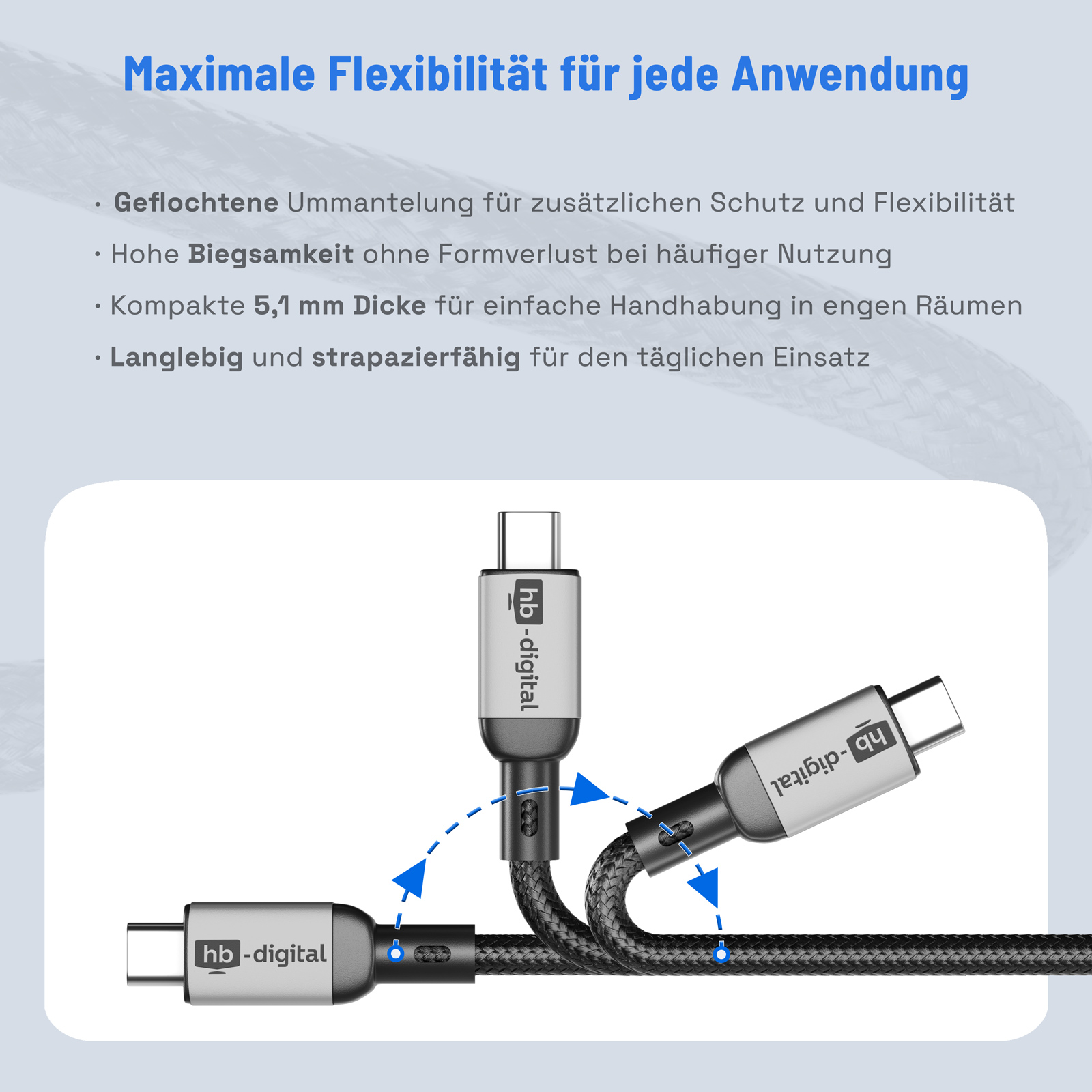 USB-C-Kabel mit Text auf hellem Hintergrund, die Flexibilität und Anwendung zeigen.