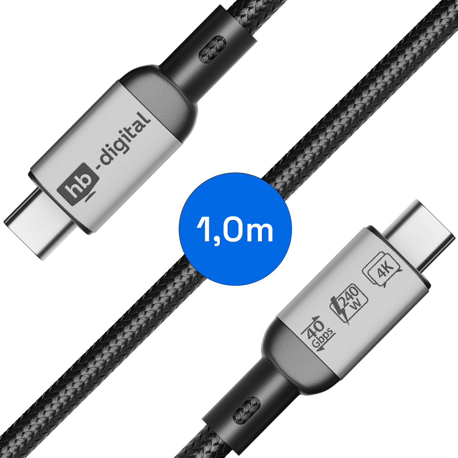 Zwei silberne USB-C-Anschlüsse, verbunden mit einem schwarzen Kabel. Text zeigt 1,0 m Länge, 40 Gbit/s und 240 W.