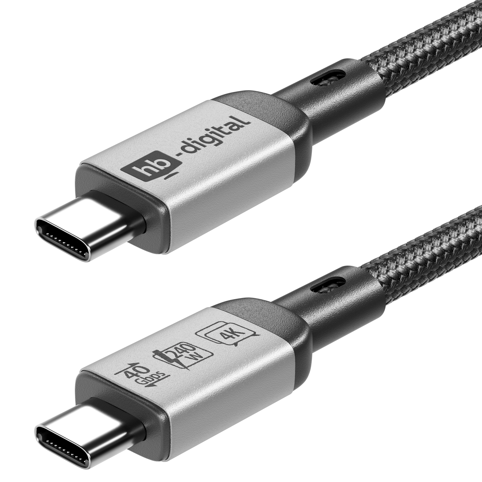 Zwei USB-C-Kabel mit Metallanschlüssen. Eines hat Markierungen für 40 Gbit/s, 240 W und 4K. Schwarzes geflochtenes Kabel.