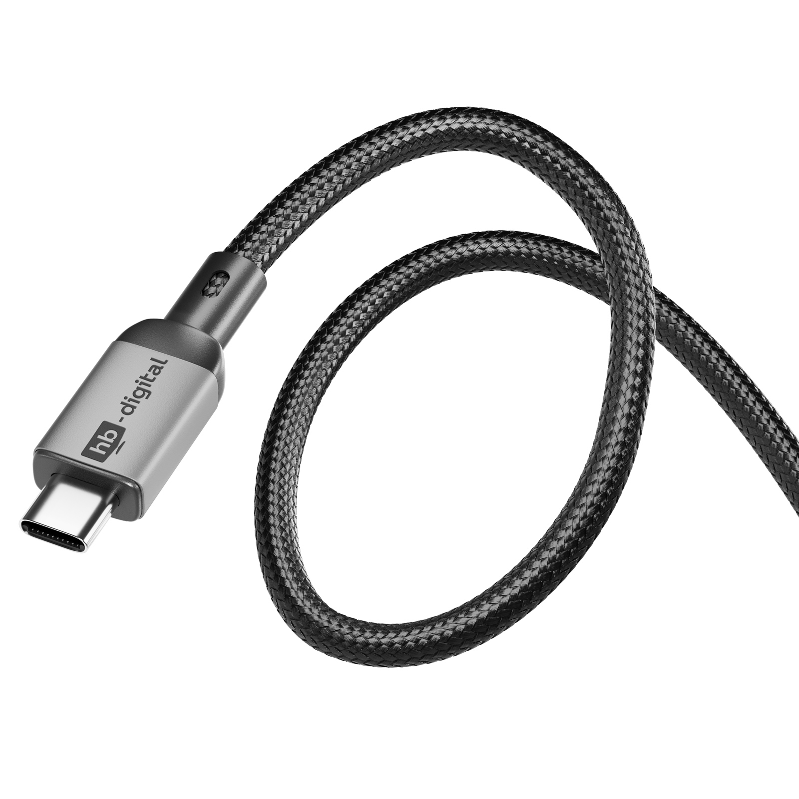 Geflochtenes USB-C-Kabel mit silbernem Stecker und schwarzem Kabel. Weißer Hintergrund.