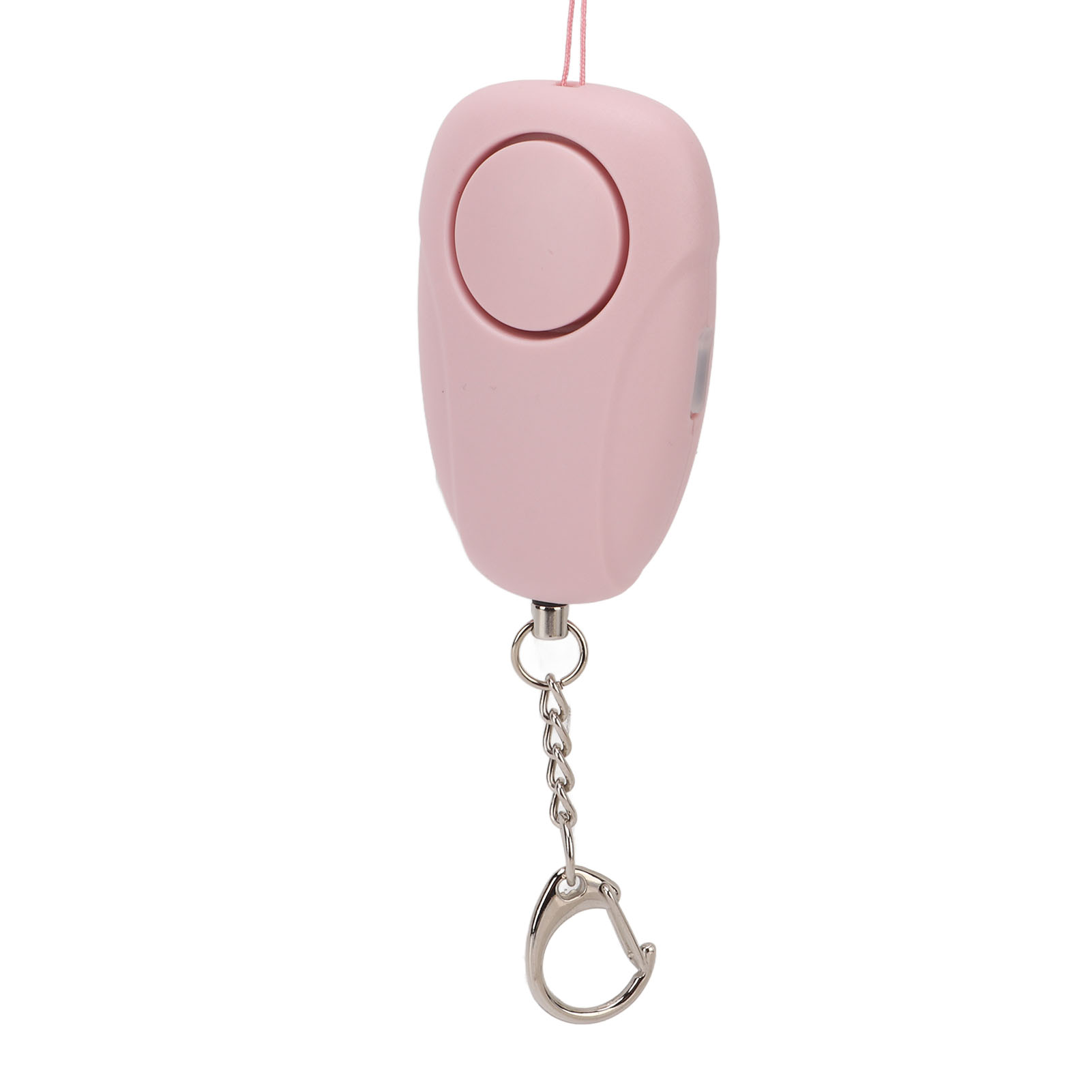 Rosa persönlicher Alarm mit Kette und Schlüsselring. Weißer Hintergrund.