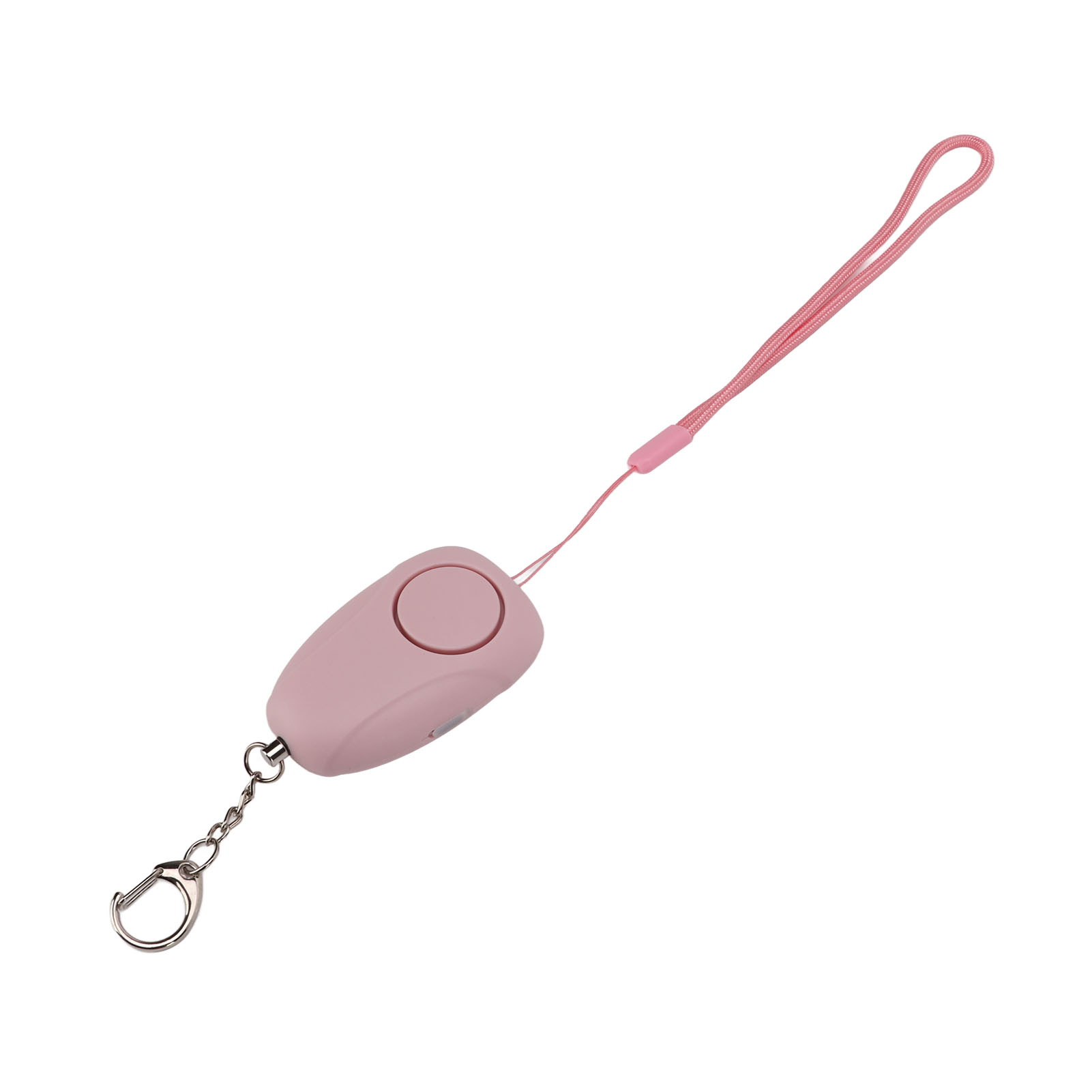 Ein rosa persönlicher Alarm mit einem rosa Schlüsselband. Der Alarm hat einen Knopf und einen silbernen Schlüsselanhänger.