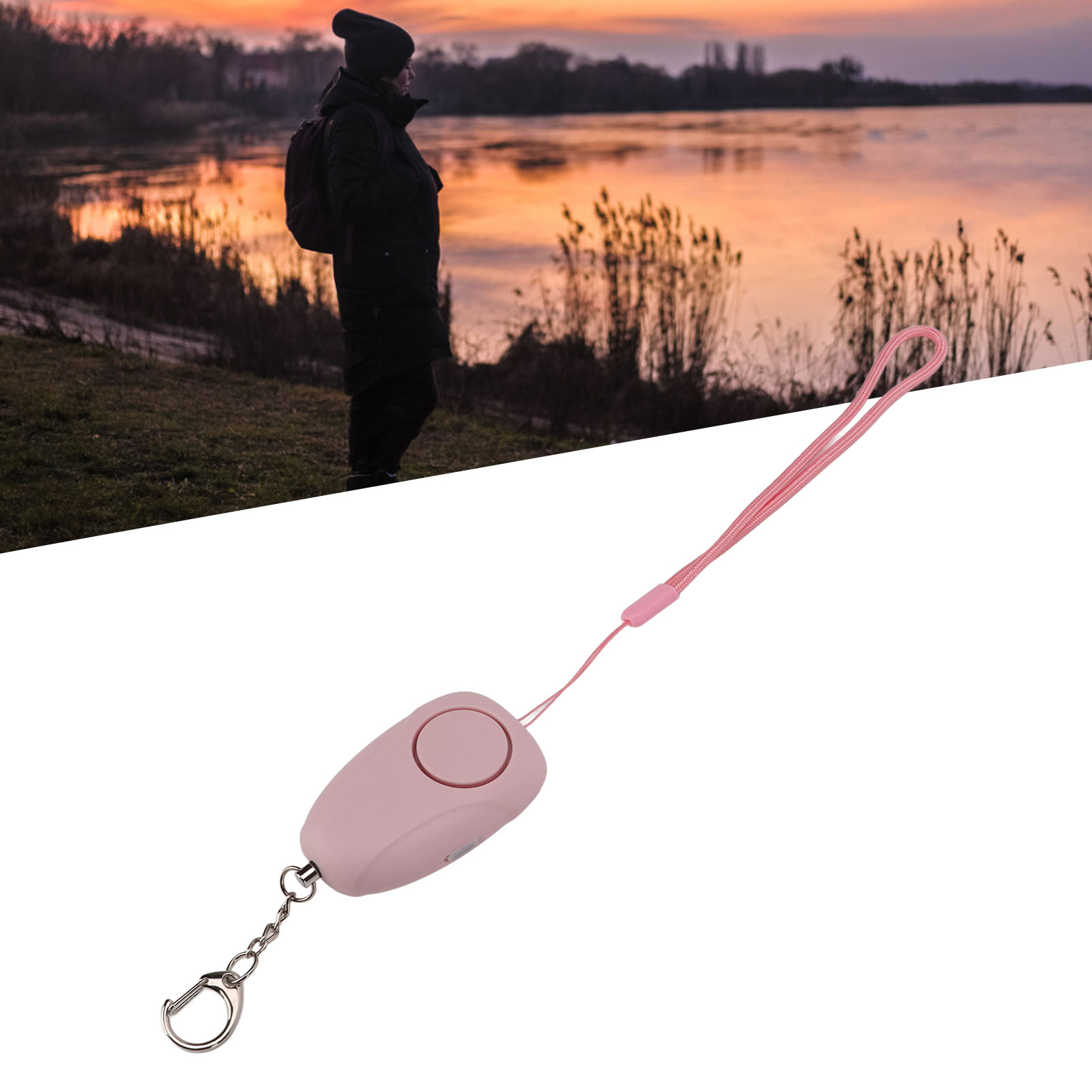 Ein rosa Alarmanhänger mit rosa Band und eine Person am See.