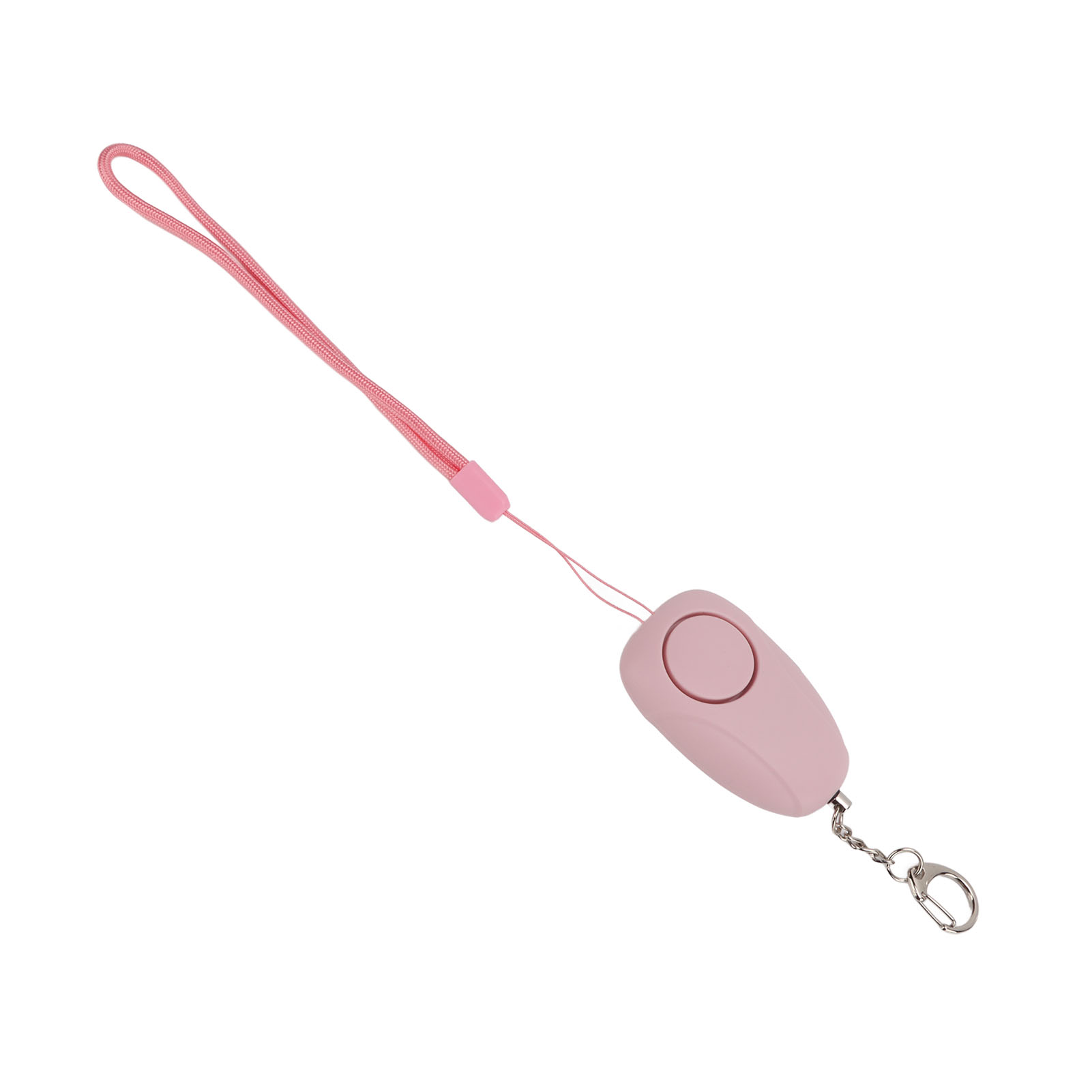Ein rosa Personenalarm mit rosa Schlüsselband. Er hat eine Reißleine und einen silbernen Schlüsselring.