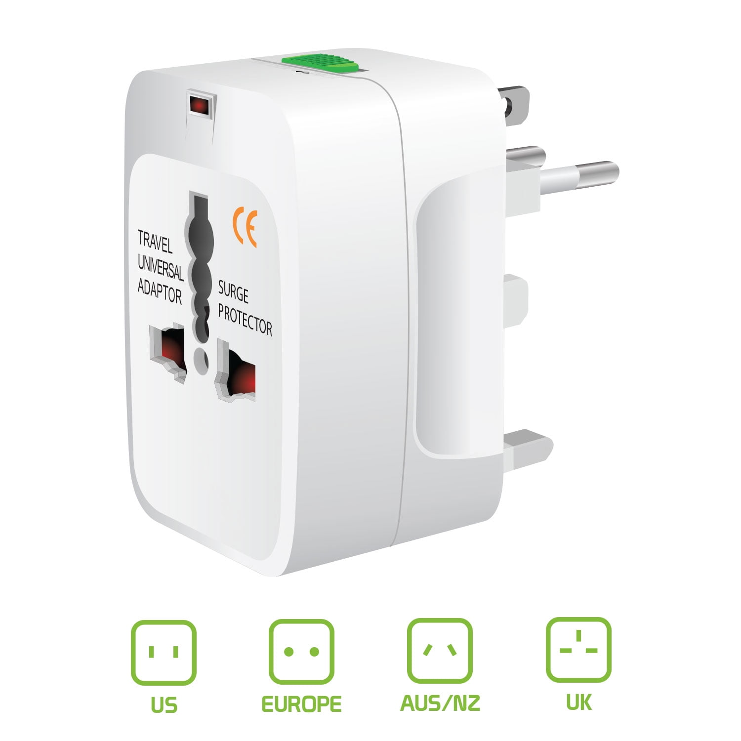 Weißer Universal-Reiseadapter mit mehreren Steckertypen.