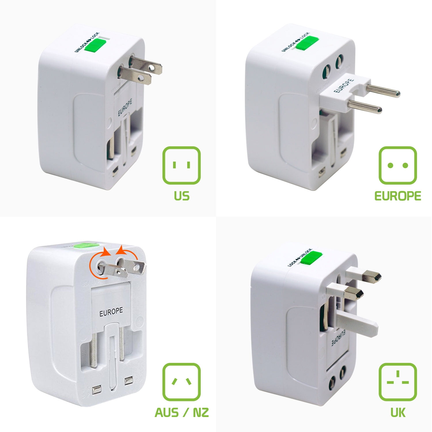 Vier weiße Universal-Reiseadapter mit verschiedenen Stecker-Konfigurationen.