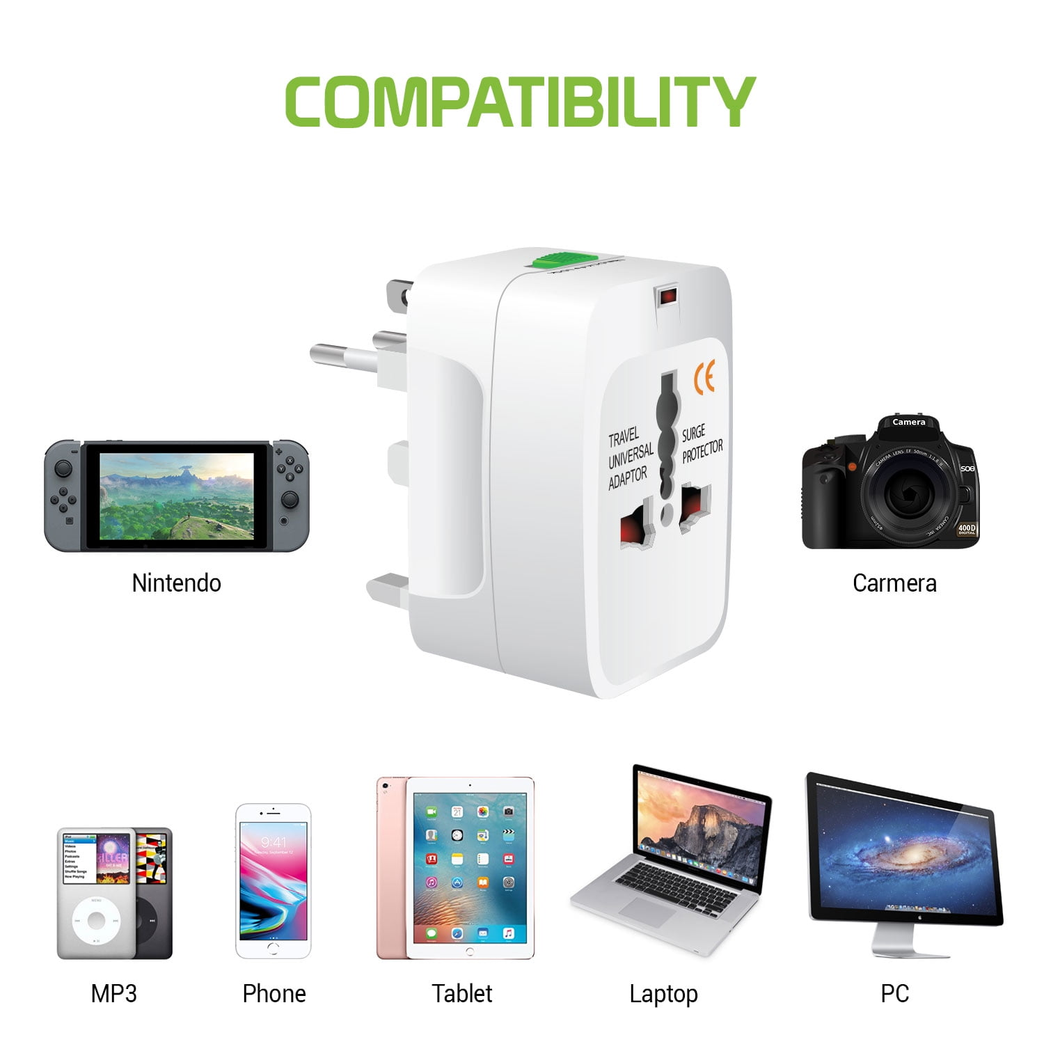 Adapter mit mehreren Steckern, neben Nintendo, Kamera, MP3-Player, Telefon, Tablet, Laptop und PC-Monitor.