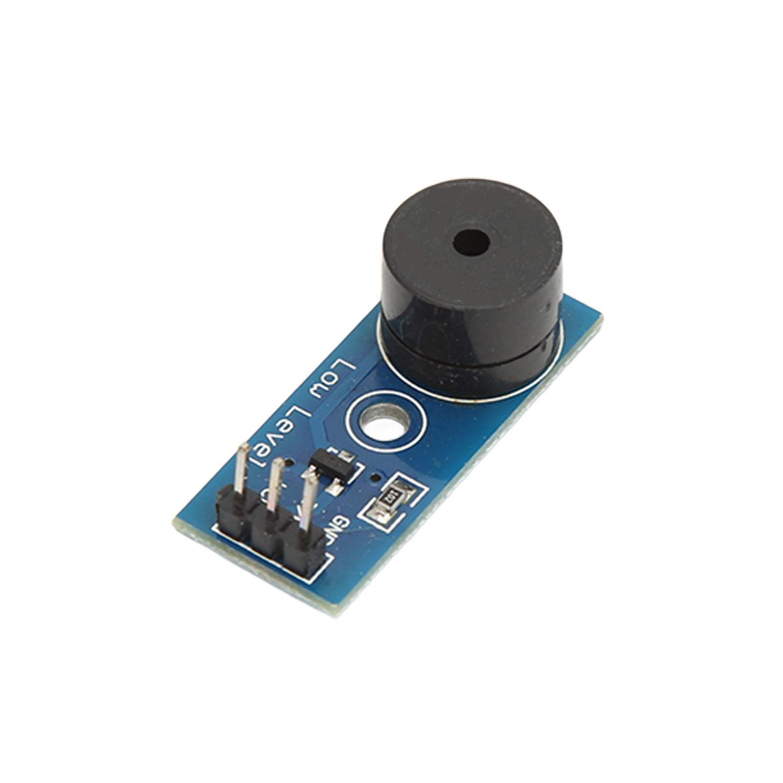 Eine kleine blaue elektronische Komponente mit einem schwarzen Zylinder oben und drei Stiften.