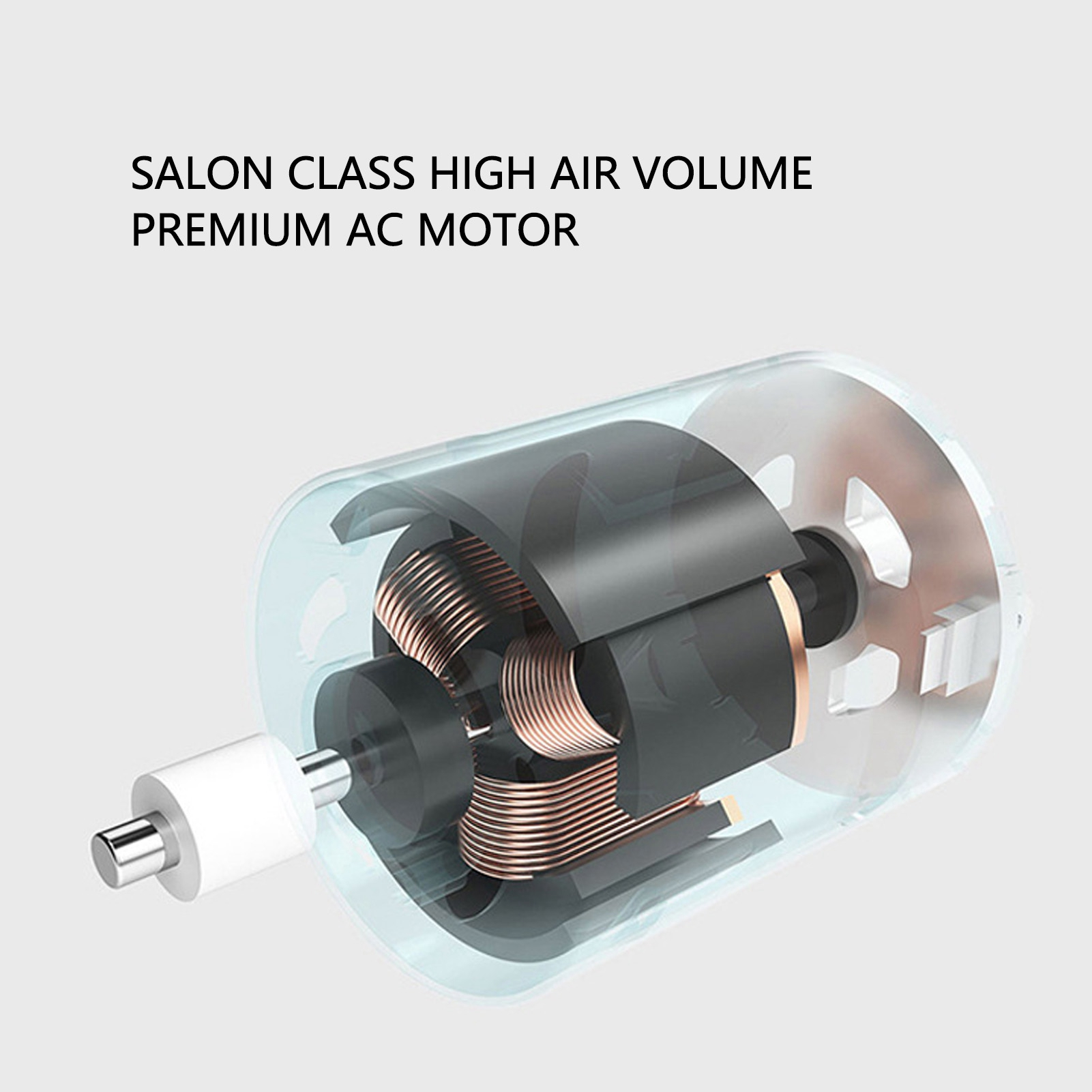 Eine transparente Ansicht des Motors eines Haartrockners. Sie zeigt Kupferdrähte und einen Lüfter in einem transparenten Gehäuse.