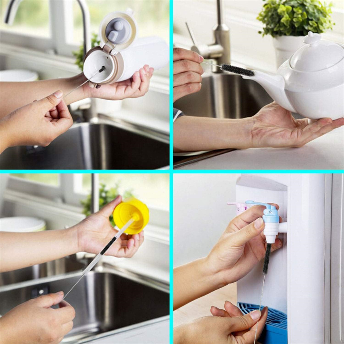 Vier Bilder, die Reinigungsbürsten im Einsatz zeigen. Reinigung einer Flasche, Teekanne und eines Wasserspenders.