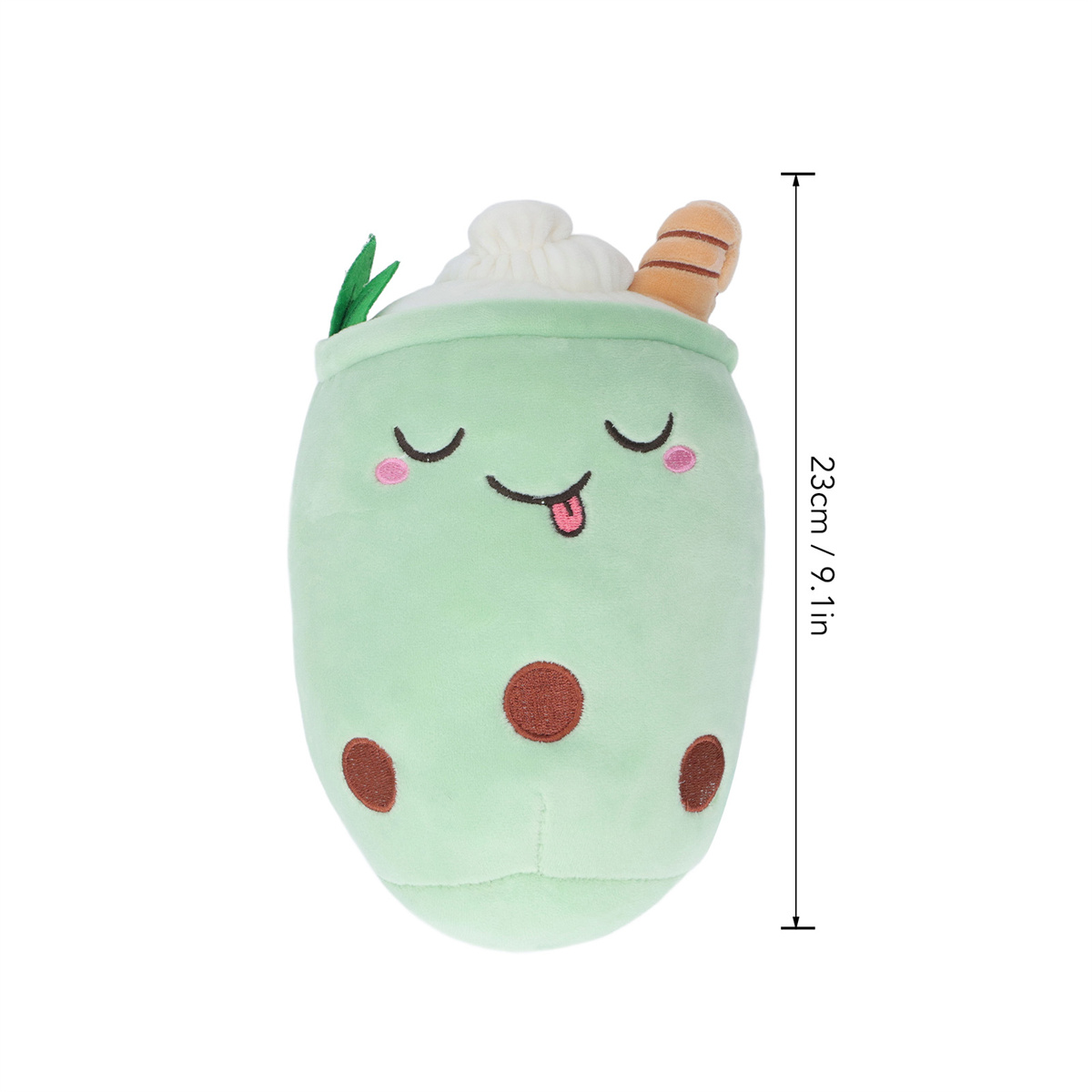 Grünes Plüschtier in Form einer Bubble Tea-Tasse mit süßem Gesicht und Strohhalm. Maße werden gezeigt.