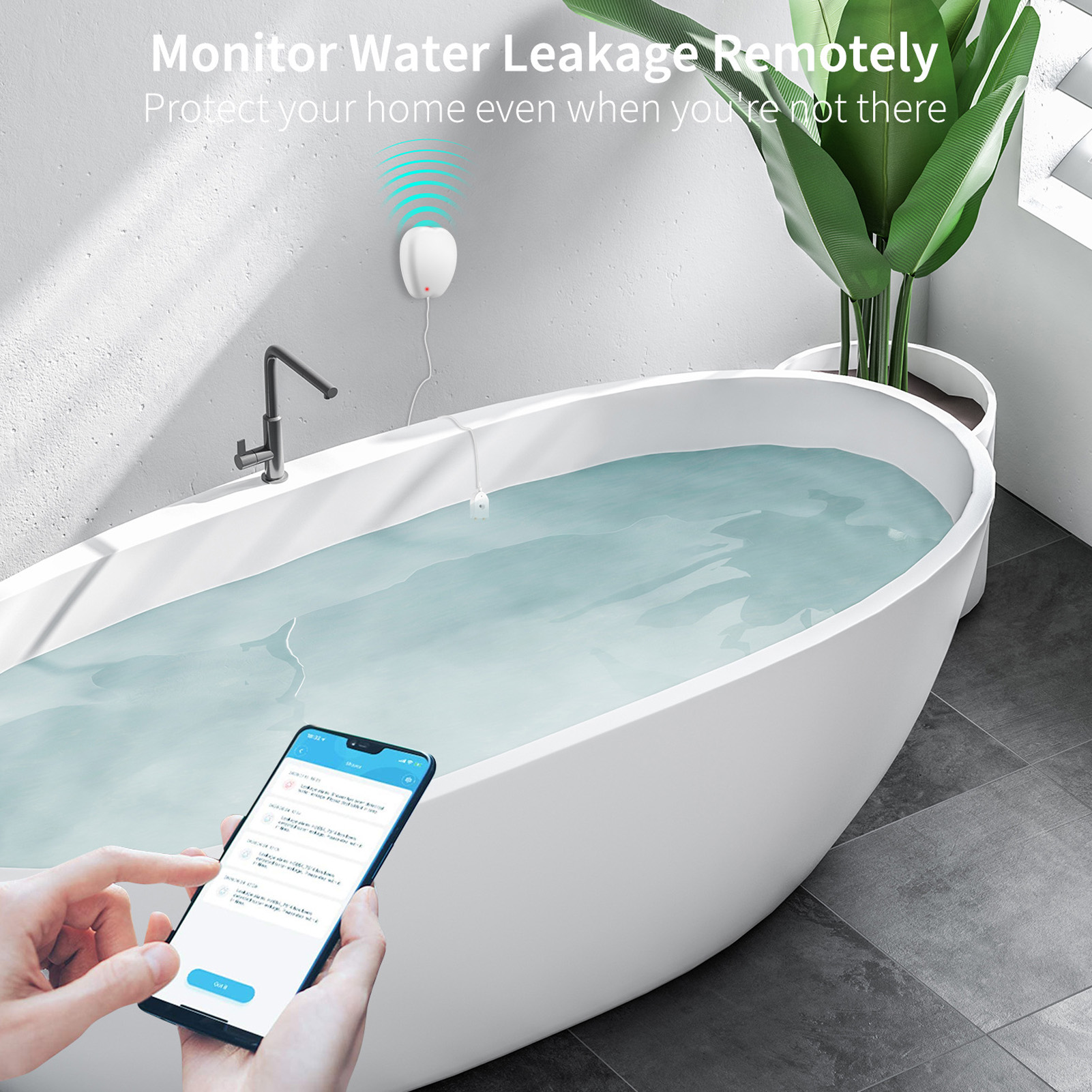 Frau benutzt Telefon, um Wassersensor in einer Badewanne zu überprüfen. Sensor ist im Wasser.