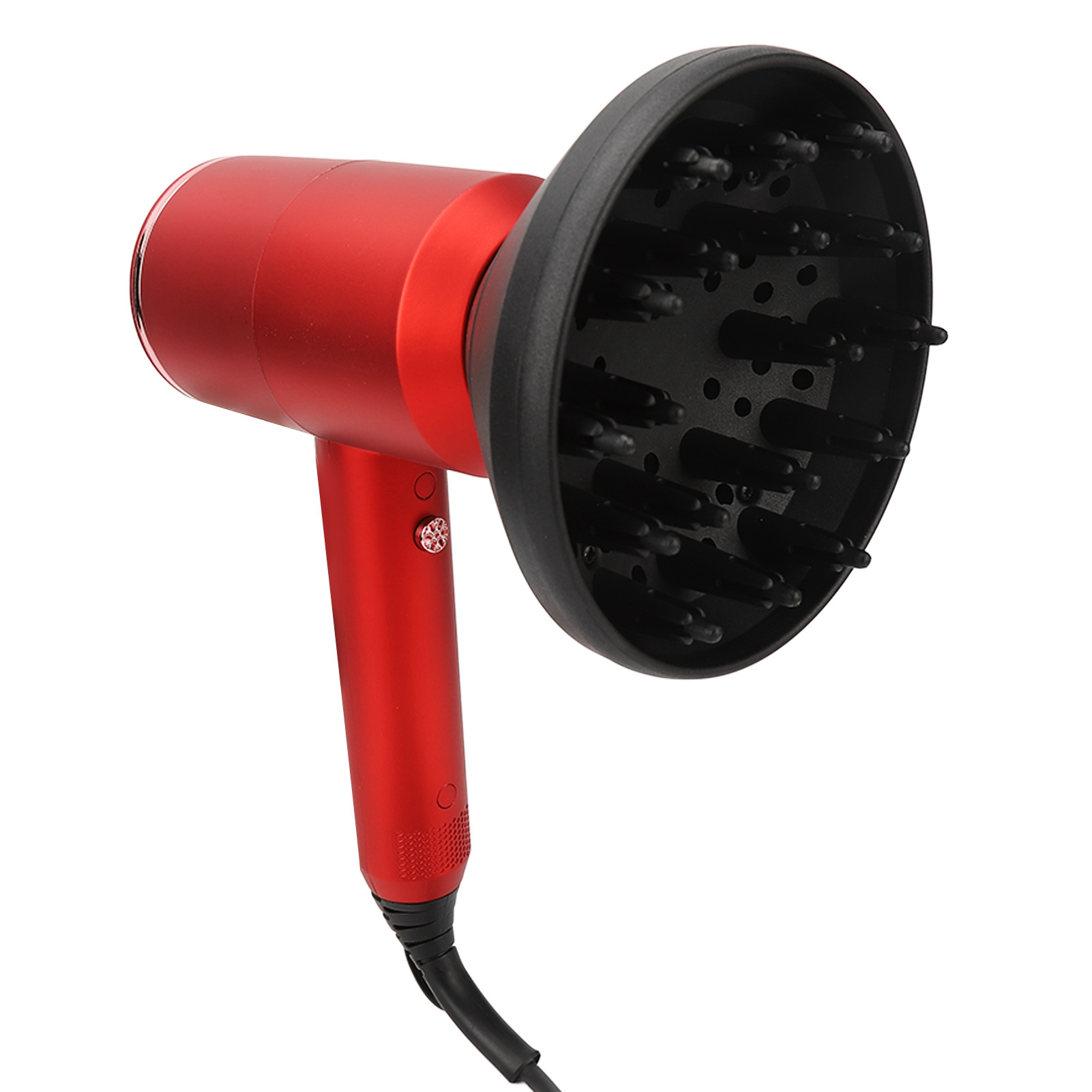 Roter Haartrockner mit schwarzem Diffusoraufsatz. Der Trockner hat einen langen Griff.