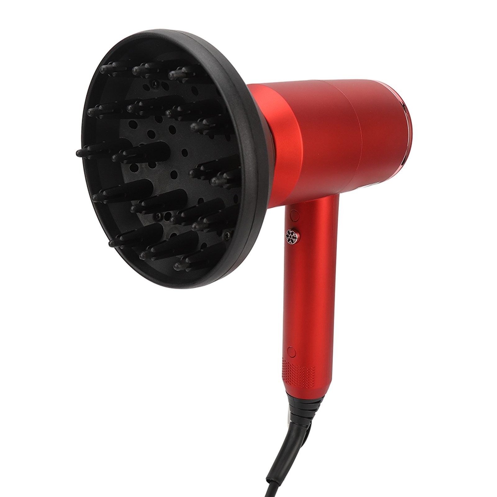 Roter Haartrockner mit schwarzem Diffusor auf weißem Hintergrund.