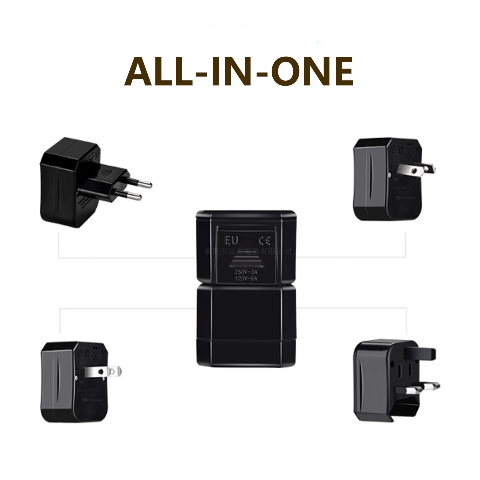 Verschiedene schwarze Reiseadapter-Stecker in einer All-in-One-Anordnung mit verschiedenen Steckertypen.