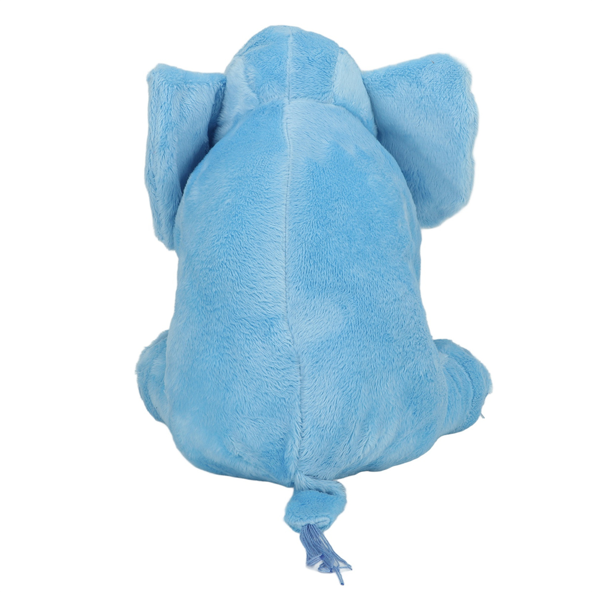 Eine Rückansicht eines blauen Elefanten-Plüschtiers. Es hat große Ohren, einen Rüssel und einen kleinen Schwanz.