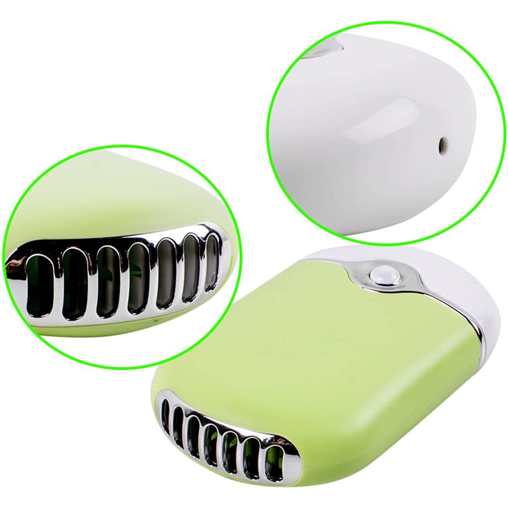 Ein tragbarer Mini-Ventilator, grün und weiß. Nahaufnahmen zeigen das Gitter und die Oberseite.