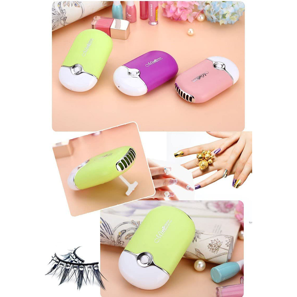 Drei Mini-Ventilatoren in Grün, Lila und Rosa, mit zugehörigen Bildern von Nägeln und Make-up-Zubehör.