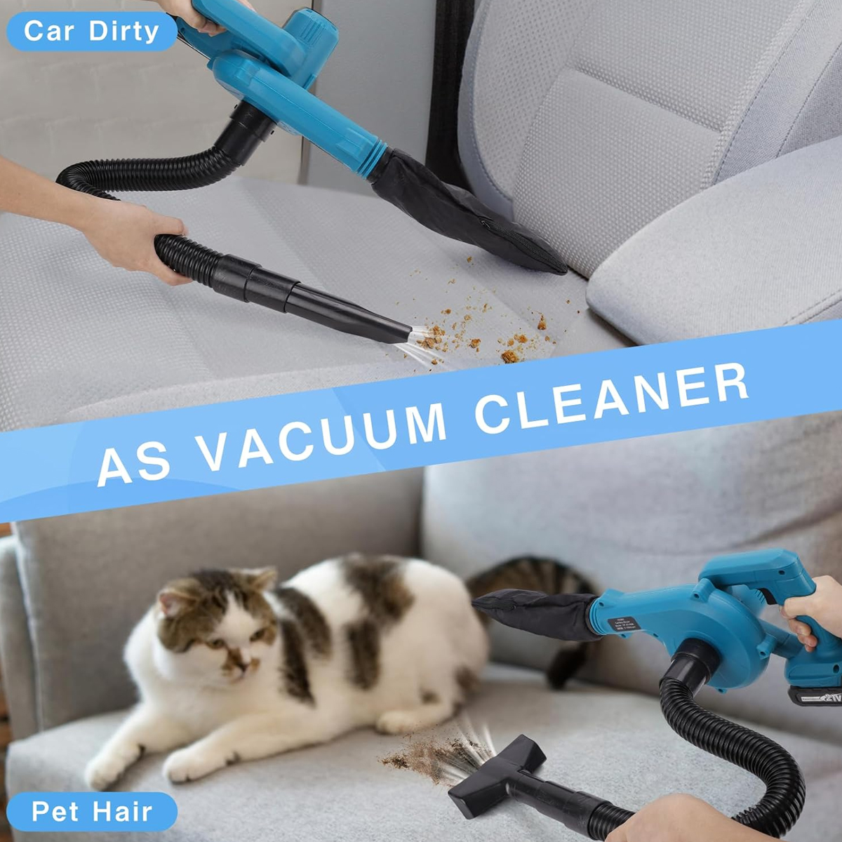 Staubsauger, der auf Autositzen und Tierhaaren verwendet wird, mit einer Katze.
