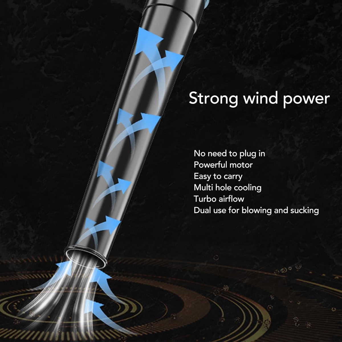 Ein schwarzes Gerät mit blauen Pfeilen, die den Luftstrom anzeigen, mit dem Text: Starke Windkraft. Text über Funktionen.