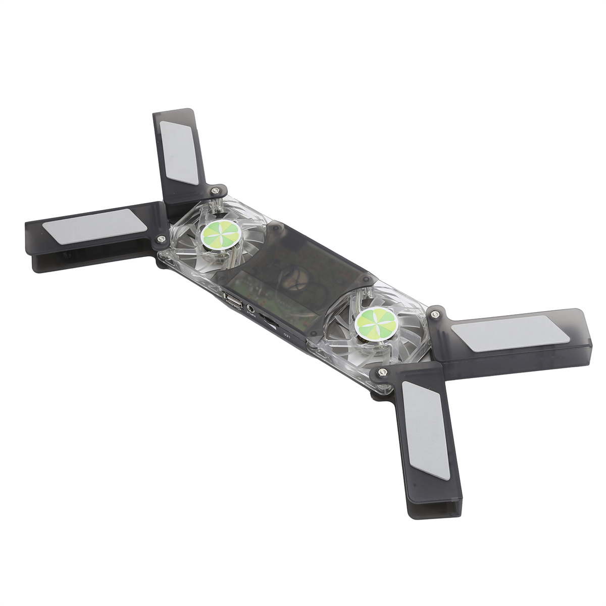 Ein Laptop-Kühler mit zwei Lüftern. Schwarz, transparent und grau mit USB-Eingängen.