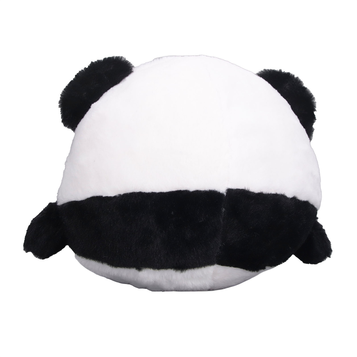 Ein Plüsch-Panda-Spielzeug, schwarz und weiß, von hinten betrachtet.
