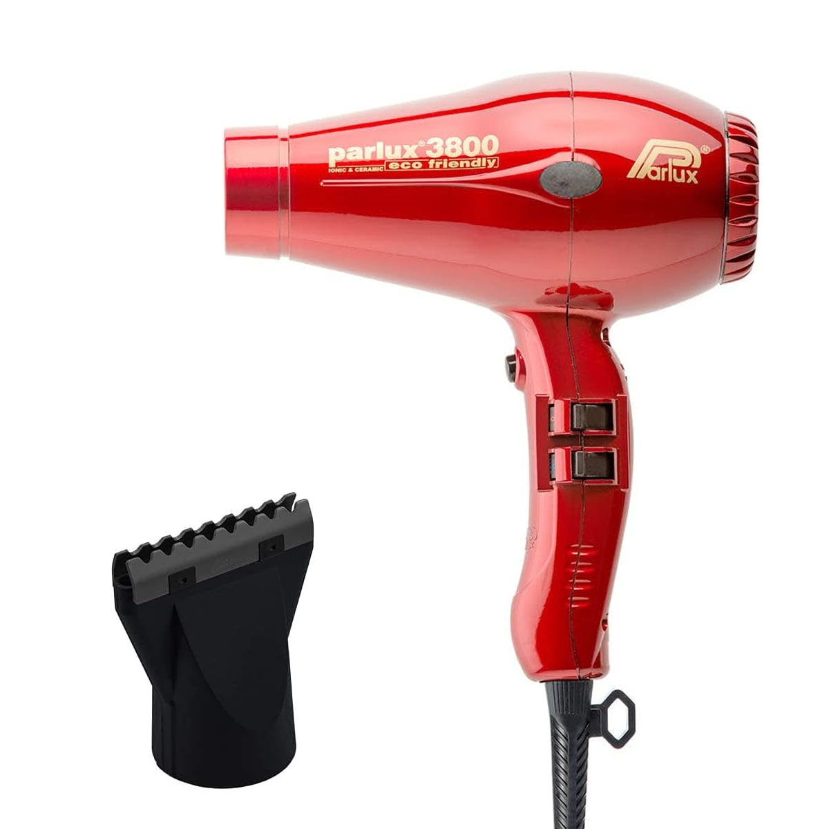 Roter Parlux 3800 Haartrockner mit Düsenaufsatz, auf weißem Hintergrund.