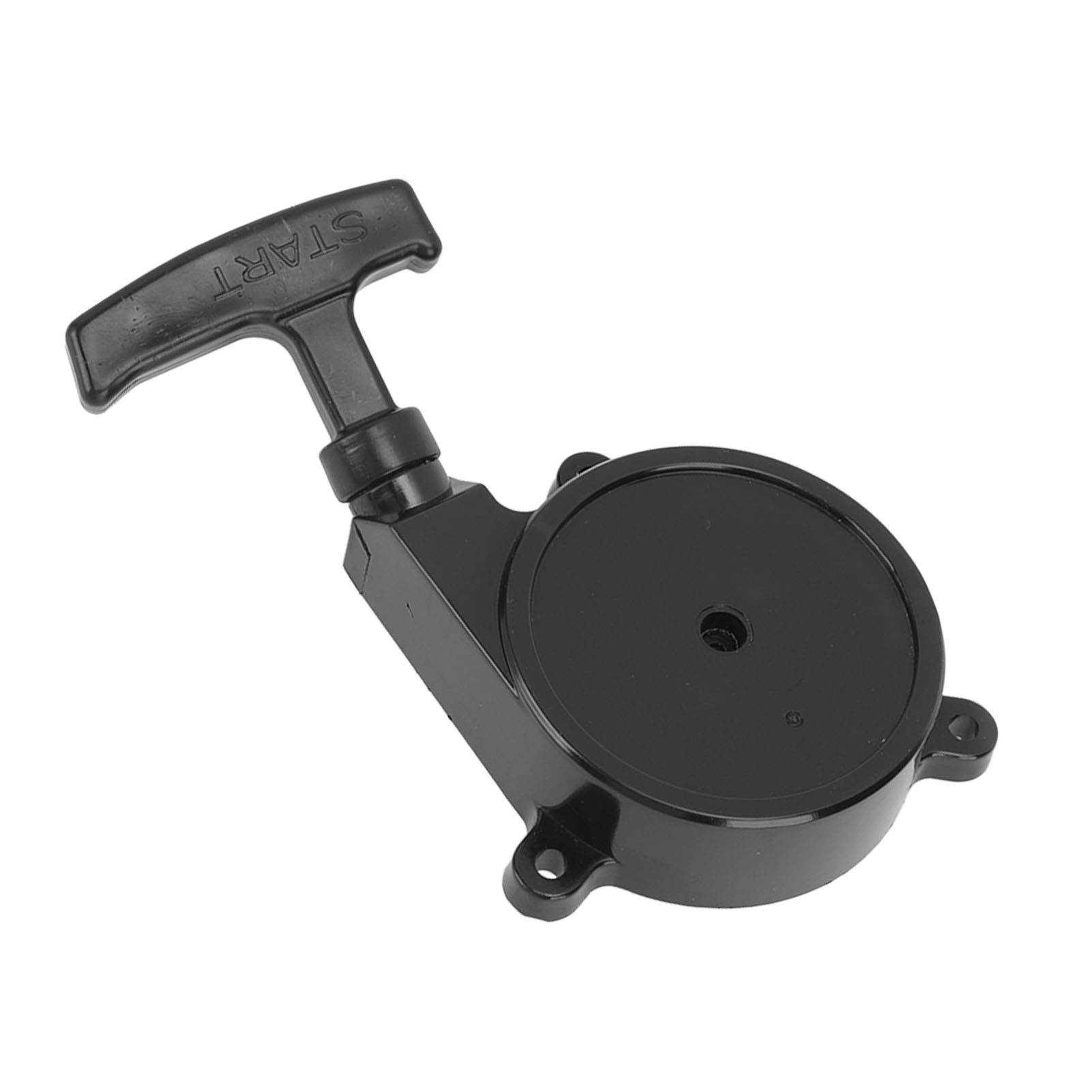 Schwarze Starterbaugruppe für einen kleinen Motor mit Reißleine und Griff.