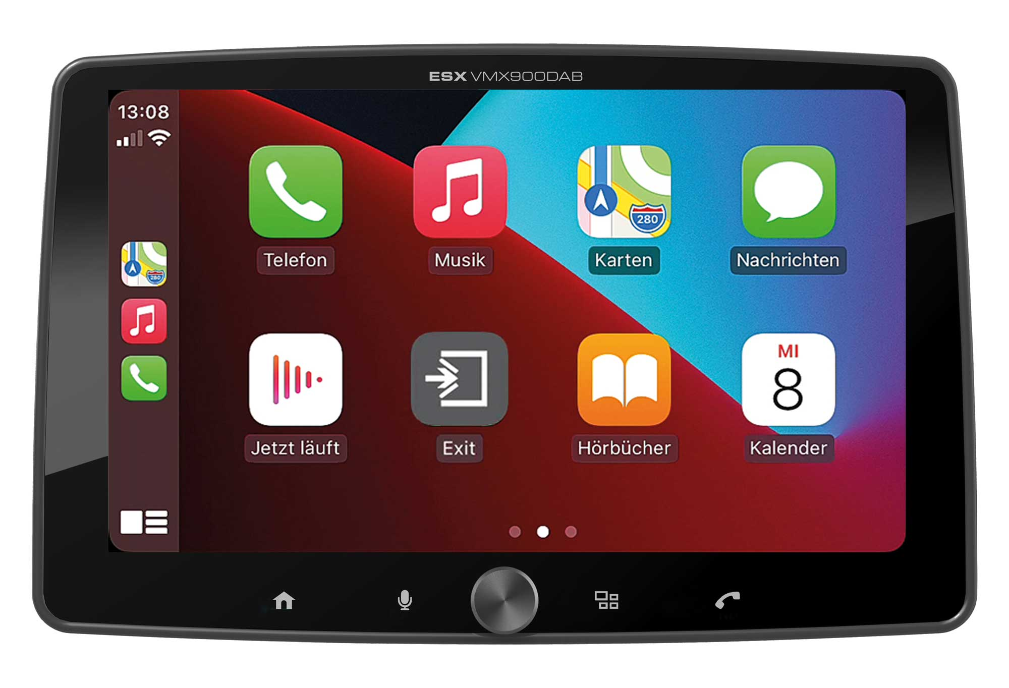 Auto-Multimedia-Bildschirm. Zeigt App-Symbole: Telefon, Musik, Karten, Nachrichten usw. Schwarzer Rahmen.